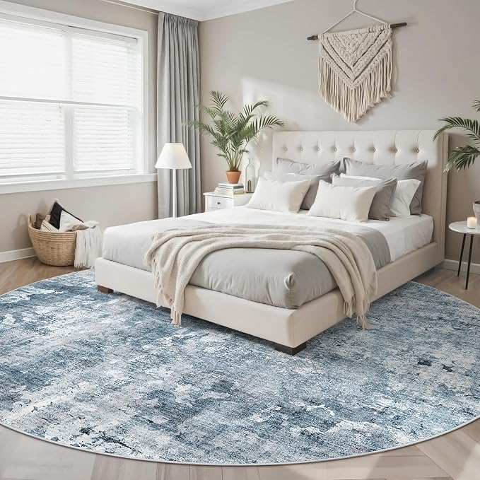 Soalmost 8x8 Blue/Grey Round Rug 8ft Living Room Circle Rug Vintage Round Area Rug Non Slip Indoor Carpet for Apartment