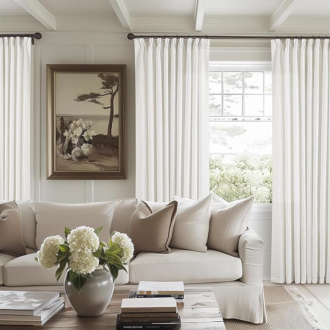 TWODRAPES Beige White Pinch Pleated Linen Curtains 1 Panel for Living Room Bedroom Memory Training Shaped Semi Sheer Pleat Drapes with Hooks Rings Light Filtering Window Curtain 60x108