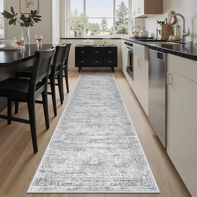 Soalmost Runner Rug 2'x8' Washable Non-Slip Runner Rugs for Kitchen Bathroom Laundry Room Grey Vintage Floor Carpet Runners for Hallway Entryway