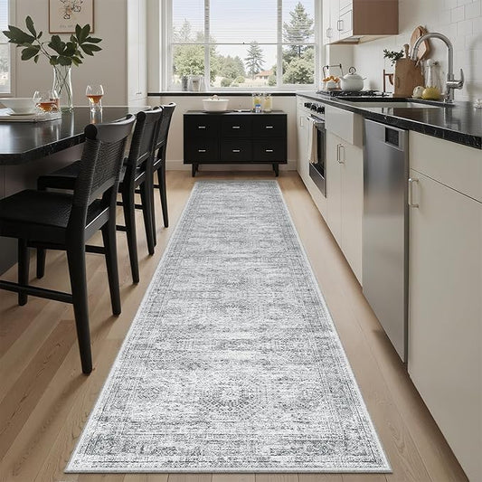 Soalmost Runner Rug 2'x8' Washable Non-Slip Runner Rugs for Kitchen Bathroom Laundry Room Grey Vintage Floor Carpet Runners for Hallway Entryway