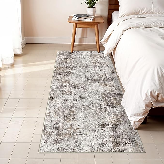 2x5 Washable Runner Rug for Hallway: Non Slip Entryway Runners Rugs Easy-to-Clean - Soft Living Room Bedroom Carpet - Thin Low Pile Floor Mat - Pinkish Beige Brown