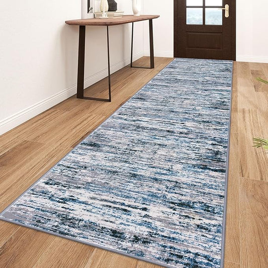 Lansny Modern Abstract Runner Rug 3x10, Grey Blue White Washable Kitchen Runner Non-Slip Soft Hallway Rug Runner Thin Print Faux Wool Carpet for Entryway Bedroom Laundry Room Indoor Home Office Decor