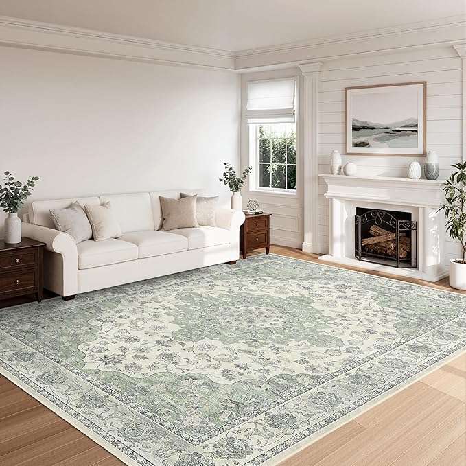 Green 8x10 Washable Large Area Rug, Non-Slip Soft Ultra-Thin Polyester Carpet with Vintage Vintage Stain Large Rug for Living Room, Bedroom, Dining Room & Open-Concept Spaces Oeko-TEX - Green