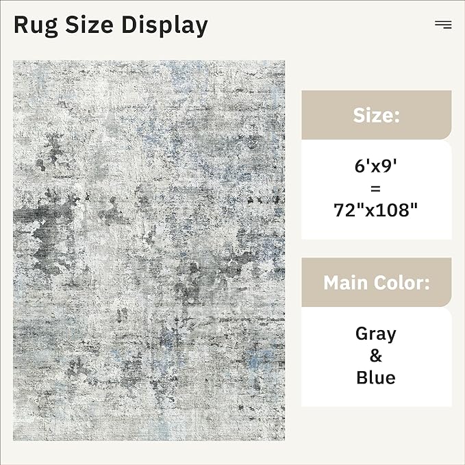 Soalmost 6x9 Abstract Area Rugs for Living Room 6 x 9 Washable Non Slip Low Pile Gray Rugs for Bedroom Dining Room Foldable Thin Gray Blue