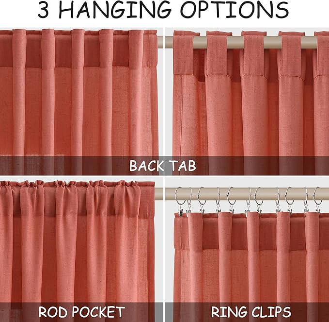 Nanspring Coral Linen Curtains 90 Inch Length 2 Panel Set Back Tab Rod Pocket Semi Sheer Light Filtering Neutral Boho Farmhouse Lightweight Drapes for Bedroom and Living Room 52x90