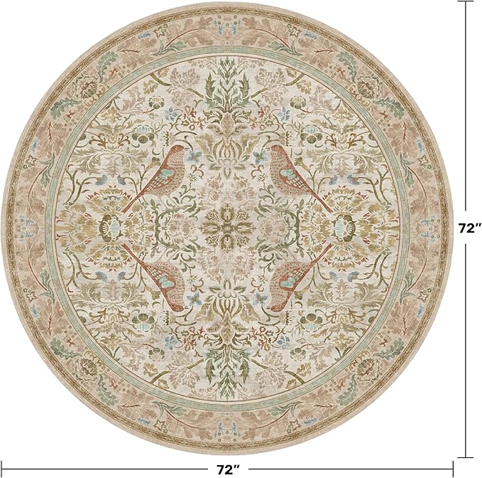 Hazo Haus Beige 6ft Round Rug for Living Room - Floral Circle Area Rug for Bedroom Kids Room, Home Office, Washable Low Pile Non Slip, Vintage Beige Taupe Botanical & Bird Pattern, Boho Indoor Décor