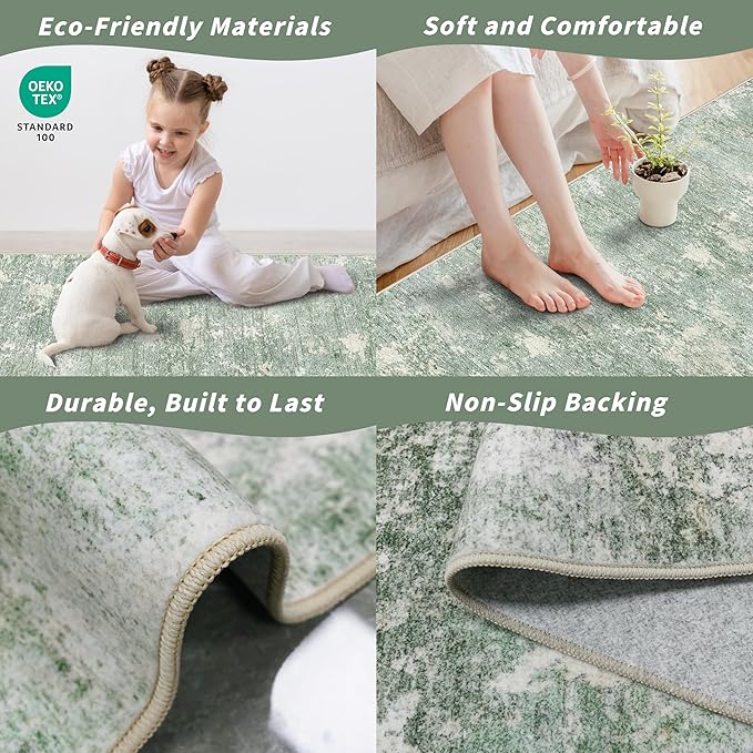 3x4 Washable Entryway Area Rug – Non-Slip Modern Abstract Small Area Rug for Kitchen, Bedroom, Bathroom – Soft Low-Pile Thin Indoor Door Mat (Sage Green,3x4)
