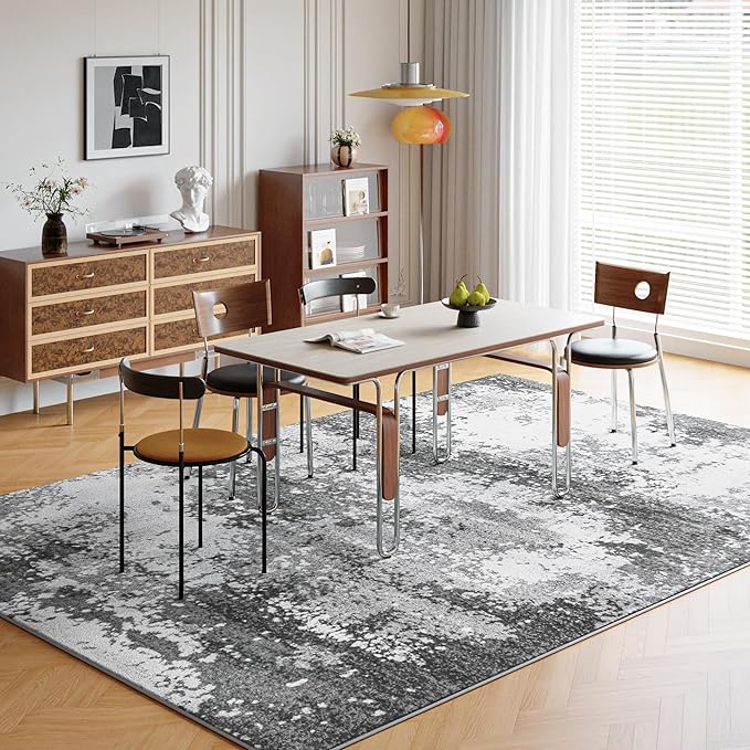 Washable Rug 6x9 Area Rugs for Living Room Bedroom Carpet, Grey Indoor Vintage Abstract Boho Large Rug Non Slip Faux Wool Rugs for Dorm, Dining Room Table, Nursery, Kids Playroom, Gray