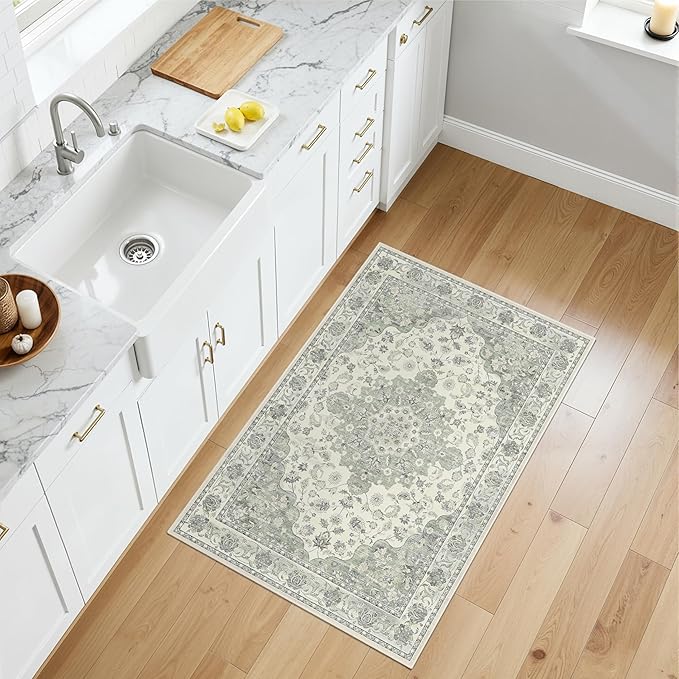 Washable Entryway Runner Rug - 2x3 Kitchen Rug Distressed Low Pile Mats Non Slip Soft Rugs for Dining Room with Rubber Backing Bedroom Runner with Vintage Design (Green 2x3)