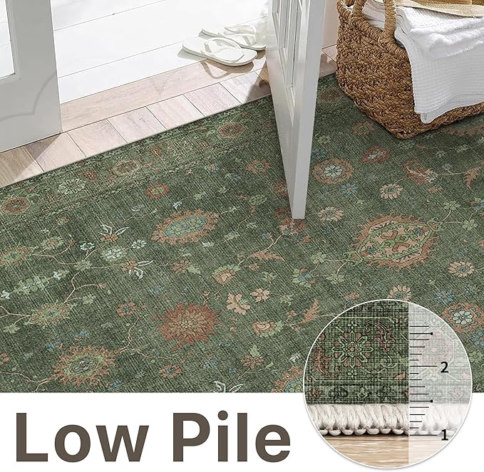 GENIMO Runner Rug for Hallways Machine Washable, 2'6''x8 Non Slip Boho Vintage Lightweight Washable Runners, Thin Floor Rugs for Entryway Hallway Bathroom Laundry Room Corridor, Moss Green