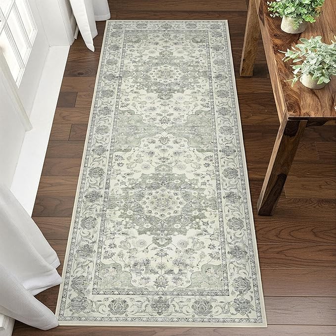 Washable Hallway Runner Rug - 2x6 Kitchen Rug Distressed Low Pile Mats Non Slip Soft Rugs for Dining Room with Rubber Backing Bedroom Runner with Vintage Design (Green 2x6)