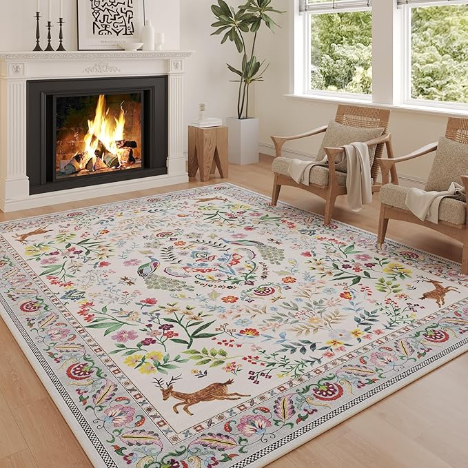 Rugcomf 8x10 Area Rugs for Living Room Washable Rug Floral Non-Slip Large Rug for Living Room, Bedroom, Farmhouse, Dining Room, Kids Playroom(Colorful)