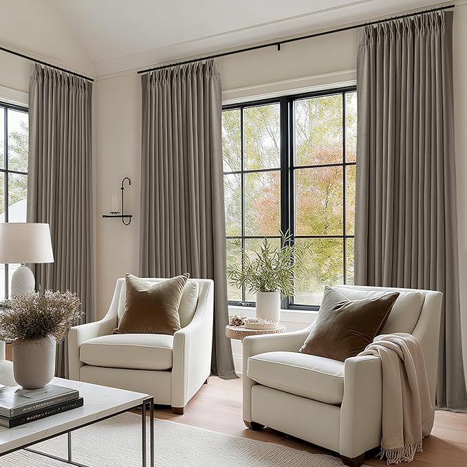 Taupe Grey 120 Inch Blackout Pinch Pleated Curtains 2 Panel Set for Living Room Darkening Thick Linen Textured 100% Black Out Drapes 120 Inches Long Pinch Pleat Light Blocking Bedroom Grayish Brown