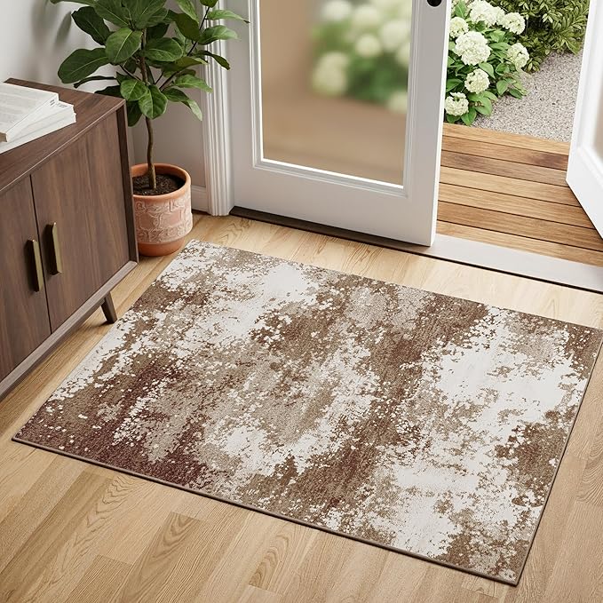 Entryway Rug 2x3 Brown Welcome Door Mat Indoor Entrance 24x36, Washable Small Throw Rugs for Kitchen Floor, Entry, Front Door, Bedroom Bedside, Non-Slip Low Pile Stain & Fade Resistant, Coffee