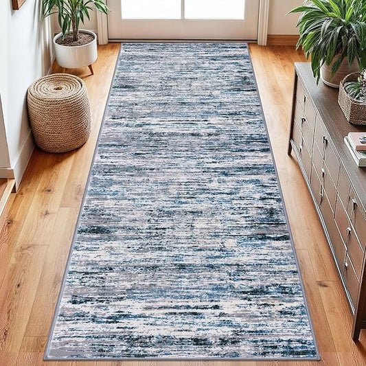 Lansny Modern Abstract Runner Rug 2.6x8, Grey Blue White Washable Kitchen Runner Non-Slip Soft Hallway Rug Runner Thin Print Faux Wool Carpet for Entryway Bedroom Laundry Room Indoor Home Decor