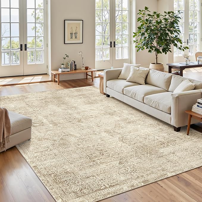Soalmost 6x9 Area Rug for Living Room Floral Washable Non-Slip Modern Rugs for Bedroom Dinning Room Ultra-Thin Indoor Brown