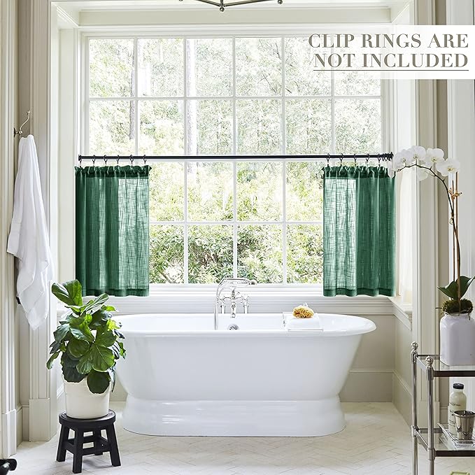 Sheer Green Curtains for Bedroom 2 Panels Rod Pocket Linen Small Window Tier Cafe Curtain Semi Privacy Short Dark Forest Green Curtains for Kitchen Bathroom Coverings 30 Inch Length Hunter Emerald