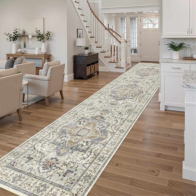 3x12 Runner Rug for Hallway, Non-Slip Long Washable Rug, Soft Thin Vintage Floor Mat for Kitchen, Bathroom, Bedroom, Entryway, Dining Room (Beige/Blue 3'x12')