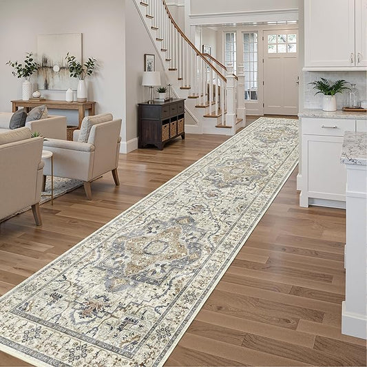 3x12 Runner Rug for Hallway, Non-Slip Long Washable Rug, Soft Thin Vintage Floor Mat for Kitchen, Bathroom, Bedroom, Entryway, Dining Room (Beige/Blue 3'x12')