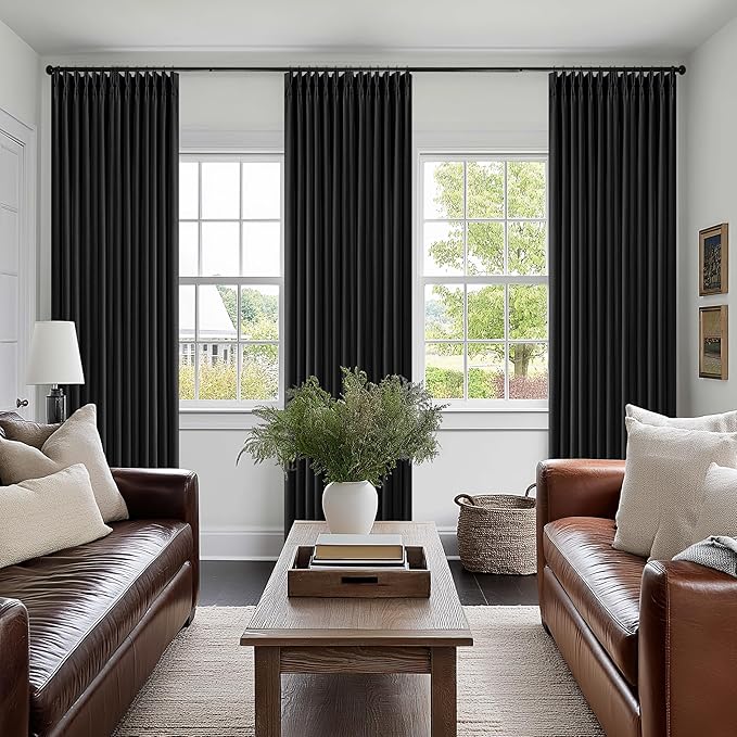 Neutral Black Linen Pinch Pleated Blackout Curtains 108 Inches Long for Bedroom Pleated 100% Black Out Drapes with Liner Black Farmhouse Modern Extra Long 108 Inch Curtain for Living Dining Room