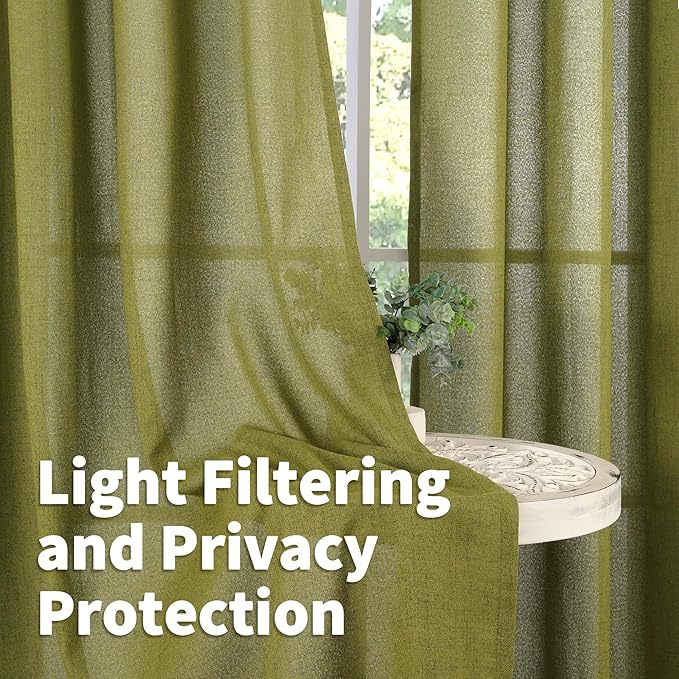 YoungsTex Green Linen Curtains 40 Inches Length - Short Drapes Privacy Light Filtering with Bronze Grommet for Kitchen Bathroom Window Decorative Privacy, 42 x 40 Inch, 2 Panels