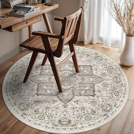 Living Room 4round Area Rug - Boho Rugs for Living Room Bedroom Stain Resistant Carpet Vintage Tribal Rugs for Kitchen Playroom with Non Slip Backing Home Decor Floor Mat for Bathroom 4ft Ivory