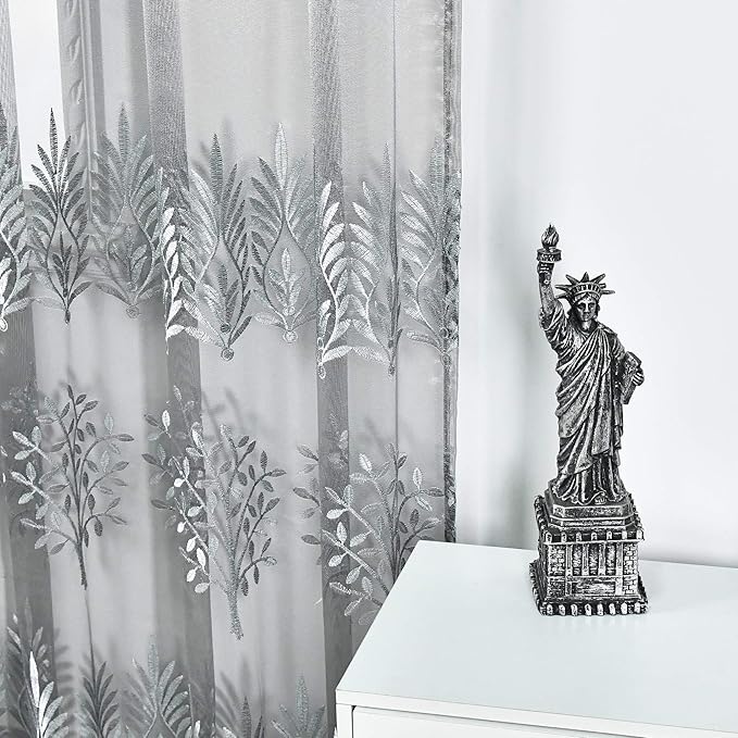 DONREN Tree Branch Design Embroidery Sheer Curtains for Bedroom - Luxury Grey Embroidery Sheer Curtain Panels for Living Room (W 52 x L 96 Inch,2 Panels)