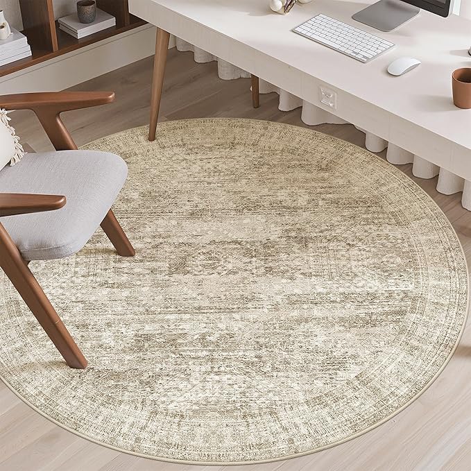 Soalmost 6x6 Brown Round Rug 6ft Living Room Circle Rug Vintage Round Area Rug Non Slip Indoor Carpet for Dining Room Bedroom