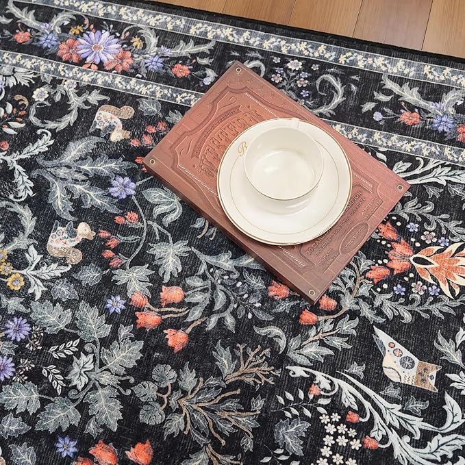 3x6 Washable Non-Slip Kitchen Runner Rug – Vintage Botanical with Animals Wide Floor Carpet Runner with Rubber Backing for Entryway, Hallway, Bathroom, Living Room, Low Pile Thin (Vibrant Black)