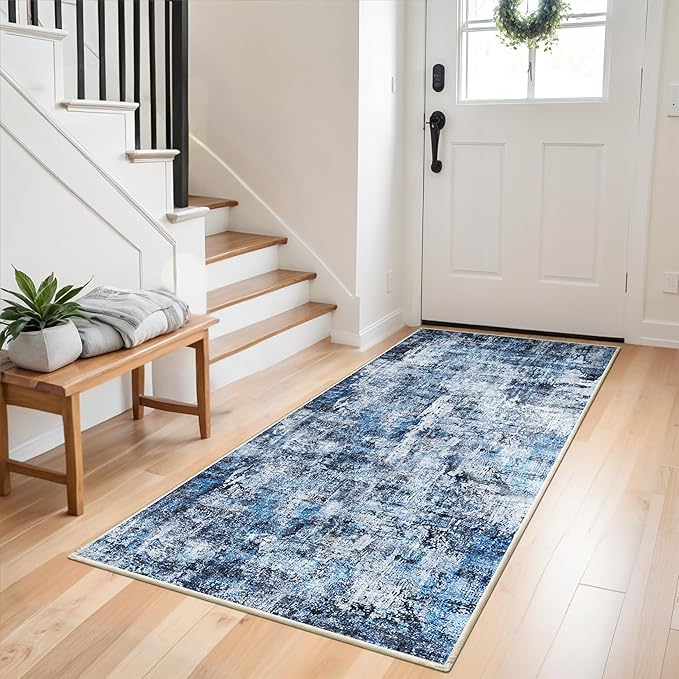 3x6 Washable Wide Runner Rug – Non-Slip Floor Carpet Runner for Kitchen Entryway Hallway Bathroom, Modern Abstract Low Pile Thin Area Rug (Navy Blue, 3x6)