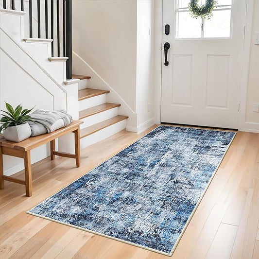 3x6 Washable Wide Runner Rug – Non-Slip Floor Carpet Runner for Kitchen Entryway Hallway Bathroom, Modern Abstract Low Pile Thin Area Rug (Navy Blue, 3x6)