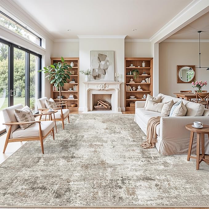 12x14 Area Rug for Living Room – Washable Non-Slip Soft Extra Large Carpet for Bedroom Dining Room Family Room, Modern Neutral Abstract Low Pile Thin Indoor Big Rug （Beige Grey）