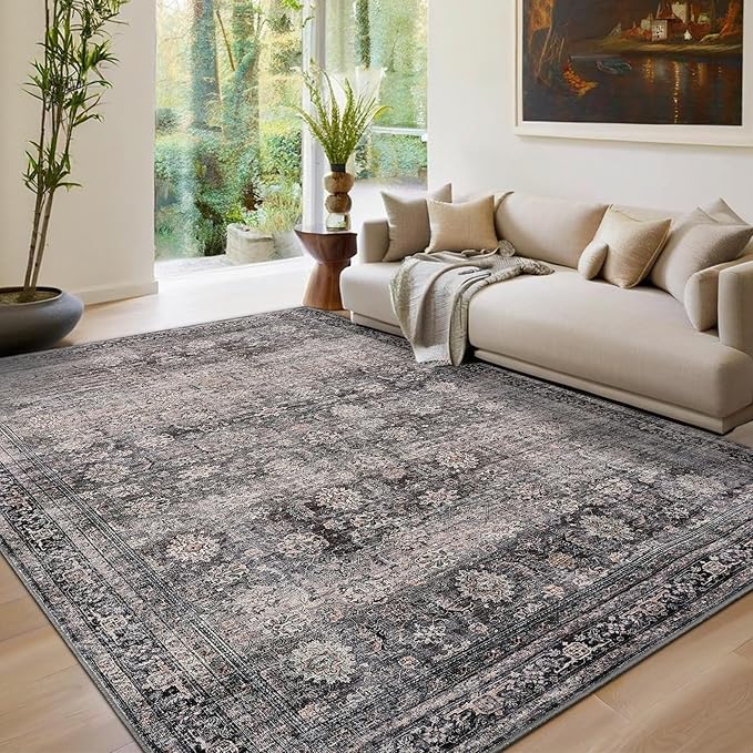 GarveeHome Washable Area Rugs 6x9 Vintage Printed Accent with Non-Slip Backing, Stain-Resistant Oriental Throw Rugs, Farmhouse Low Pile for Bedroom, Living Room, Green Camel