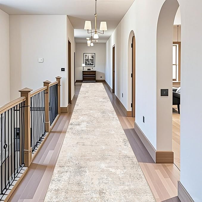 3x20 ft Extra Long Hallway Runner Rug - Non-Slip Washable Floor Runner with Rubber Backing, Modern Low Pile Thin Wide Carpet for Entryway, Kitchen, Living Room (Beige Grey, 3x20)