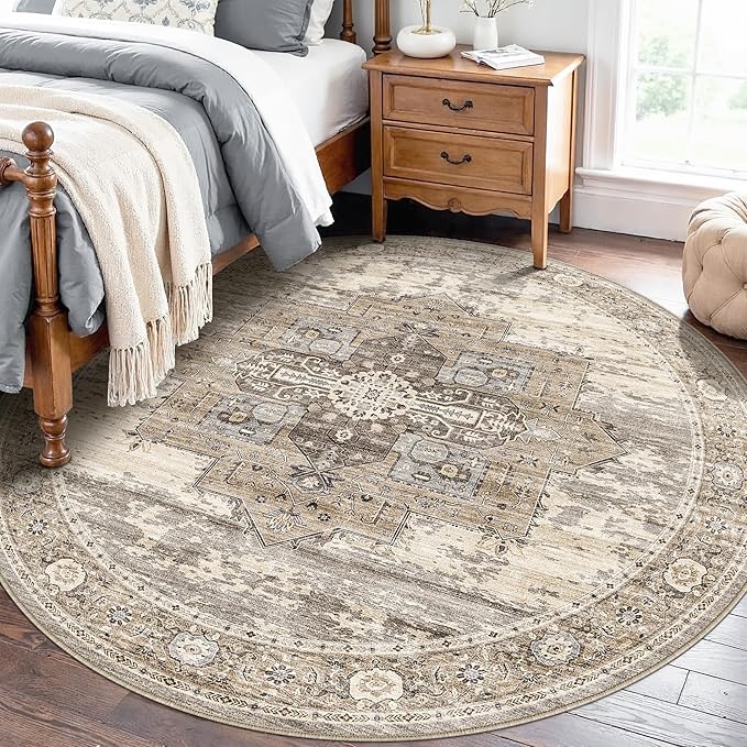 RUUGME Washable 7round Rug - Large Rugs for Living Room Low Pile Soft Rugs for Bedroom Kitchen Dining Room Oriental Stain Resistant Carpets with Non Slip Backing Home Decor Floor Mat 7round Beige