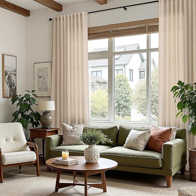 Grey Flax Linen Curtains 108 Inches Long for Living Room Light Filtering Mordern Boho Sheer Curtains Back Tab and Rod Pocket Long Floor to Ceiling High Window Curtain for Bedroom 52x108, 2 Panels