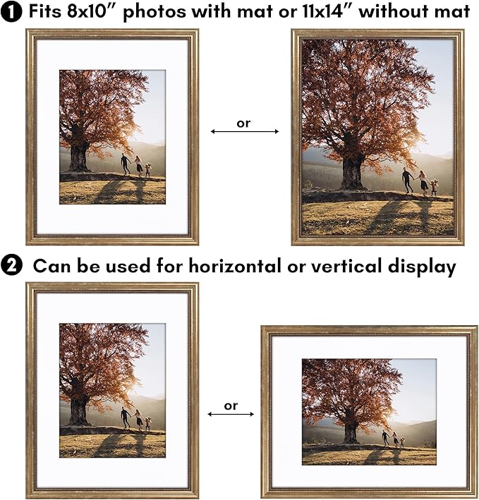 Americanflat Vintage Frames - 11x14 Picture Frame with Beaded Accents and Shatter-Resistant Glass - Use as 8x10 Frame or Display 11x14 Photos Without Mat - Heirloom Collection - Wall Display - Gold
