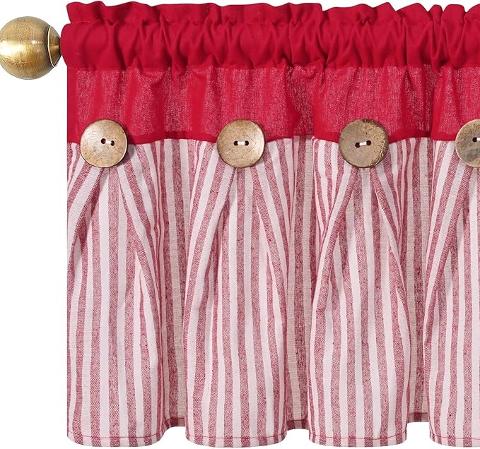 ASPMIZ Farmhouse Cotton Linen Valances for Windows, Boho Kitchen Curtains Valances with Rustic Button, Red Striped Window Treatments Curtain Valance for Bathroom Cafe, 52 x 18 Inch, 1 Pannel
