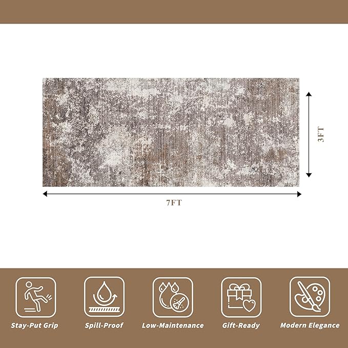 3x7 Kitchen Runner Rug – Washable Non-Slip Modern Abstract Neutral Carpet for Hallway, Entryway, Bedroom, Laundry Room & Bathroom – Low-Pile Thin Stain-Resistant Wide Floor Runner(Brown Beige,3x7)