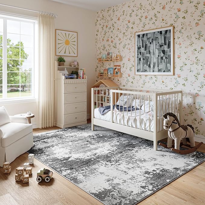 Washable Rug 8x10 Area Rugs for Living Room Bedroom Carpet, Grey Indoor Vintage Abstract Boho Large Rug Non Slip Faux Wool Rugs for Dorm, Dining Room Table, Nursery, Kids Playroom, Gray