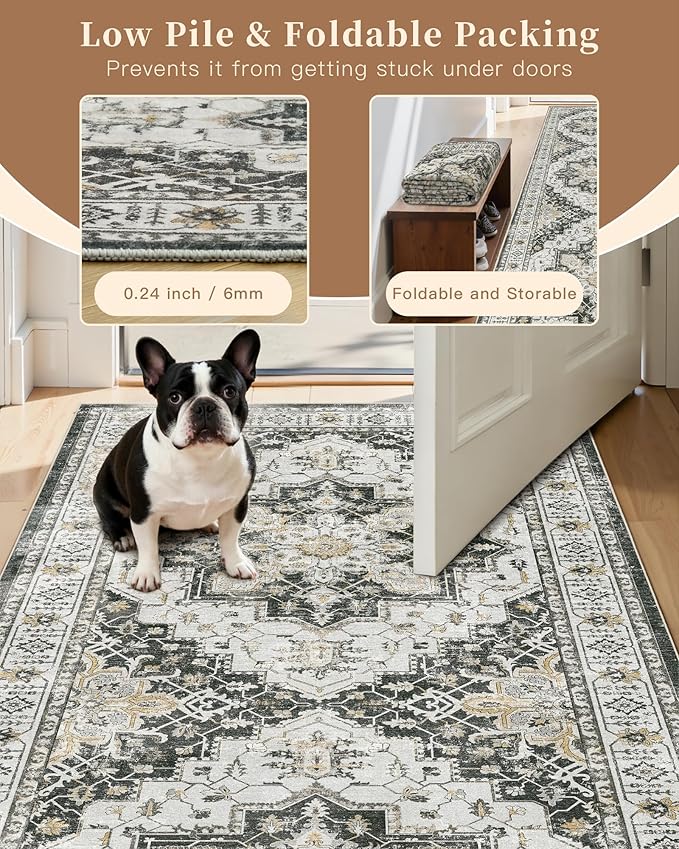 Madane Hallway Runner Rug 2'6''x12' Kitchen Runner, Non Slip Vintage Runners for Hallways Washable Kitchen Rugs Soft Low Pile 2.5x12 ft Rug Runner for Laundry Room, Entryway and Bedroom, Black