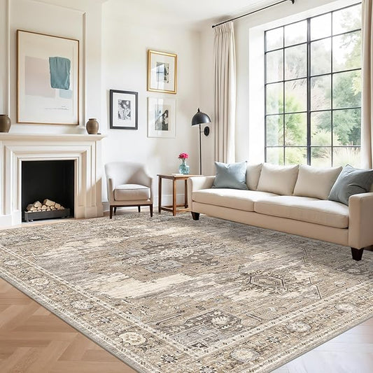 RUUGME Living Room 8x12 Area Rug - Soft Washable Rugs with Non Slip Backing Indoor Low Pile Stain Resistant Carpet for Bedroom Dining Room Playroom Vintage Ultra-Thin Home Decor Floor Mat 8X12 Beige
