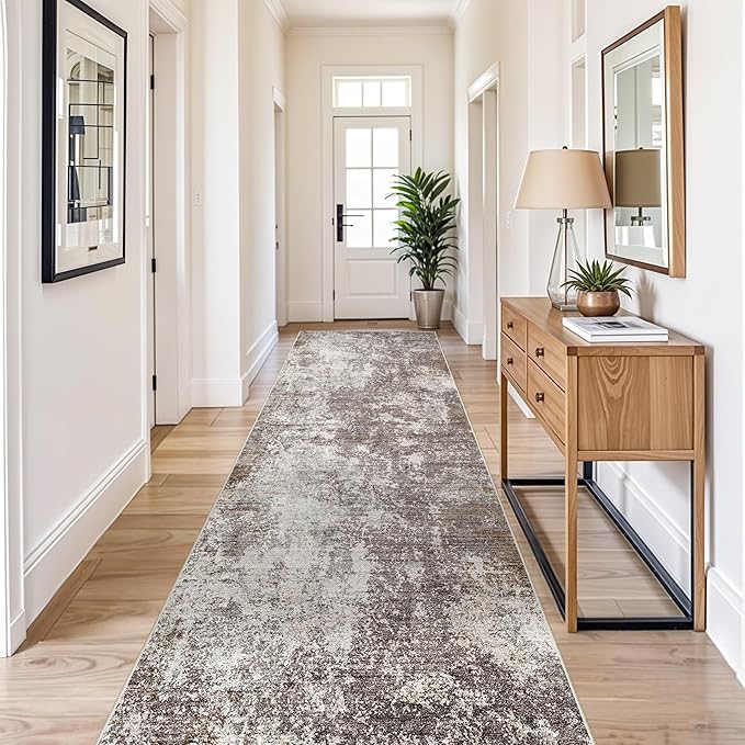 4x12 ft Wide Hallway Rug – Non-Slip Washable Large Long Carpet Runner for Kitchen, Indoor Entryway, Modern Abstract Low-Pile Thin Floor Mat for Bedroom, Living Room, Dining Room (Brown Beige,4x12)