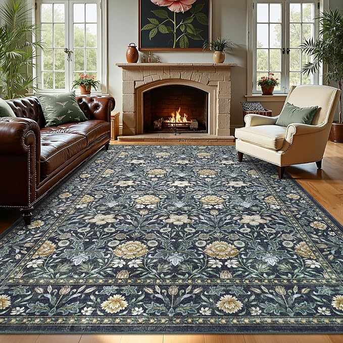 GarveeHome Large Area Rugs 9x12 for Living Room, Retro Floral Washable Rug Soft Non Slip Floor Mat Carpet Indoor Thin Accent Rug for Bedroom Dining Room Playroom Nursery Home Decor