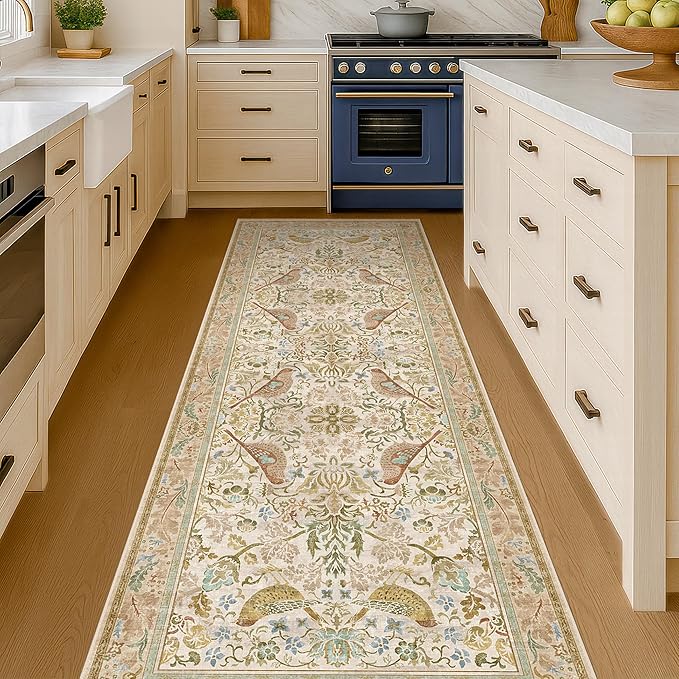 Hazo Haus 2'6"x8' Long Hallway Runner Rug - Vintage Botanical Wide Runners for Kitchen Bedroom Hall Way, Washable Non Slip with Rubber Backing, Beige Floral Décor