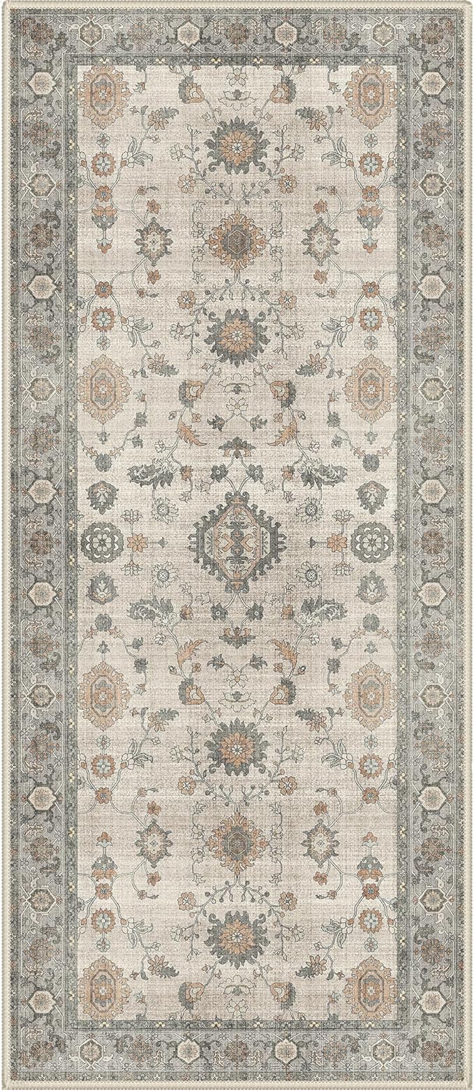 GENIMO Runner Rug for Hallways Machine Washable, 3x7 Non Slip Boho Vintage Lightweight Washable Runners, Thin Floor Rugs for Entryway Hallway Bathroom Laundry Room Corridor, Light Taupe Green
