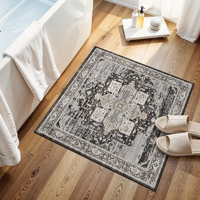 RUUGME 2x2 Washable Bathroom Area Rug, Non-Slip Vintage Oriental Low Pile Carpet, Soft Floor Mat for Entryway, Kitchen Sink, Laundry Room,Stain Resistant Home Decor Mat for Small Space 24x24 Black