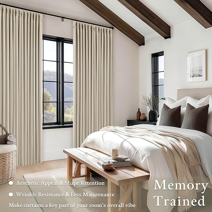 112 Inch Linen Blackout Curtains 112 Inches Long for Bedroom Neutral Boho Pinch Pleated 100% Black Out Room Darkening Sound Dampening Window Drapes Double Layer Soundproof 112 Inch Curtains Oatmeal