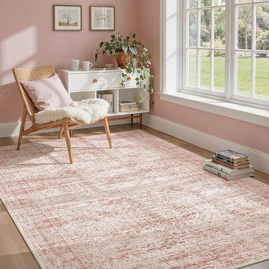 Soalmost 6x9 Area Rug for Living Room Washable Non-Slip Modern Rugs for Bedroom Dining Room Ultra-Thin Indoor Pink Rug