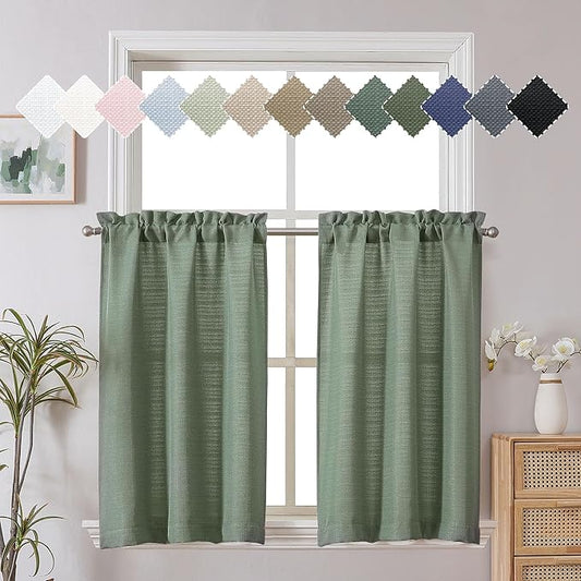 Chyhomenyc Sage Green Tier Curtains, 30 Inch Length, Burlap Textured Small Cafe Curtains, Light Filtering Short Window Curtains for Bathroom Basement, 30x30 inch, 2 PCS